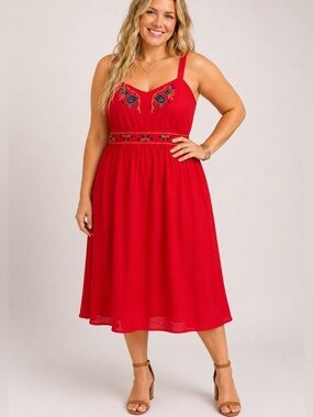 Xhilaration 1X Red Embroidered Boho Midi Dress